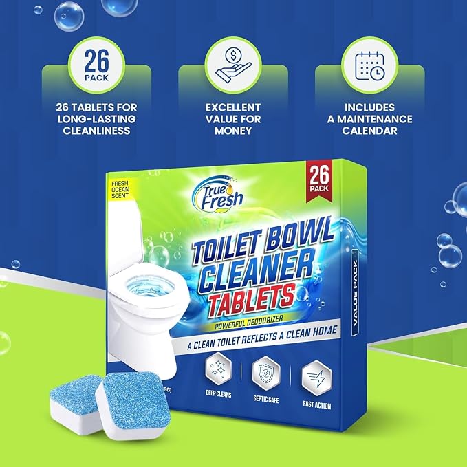 True Fresh Toilet Bowl Cleaner Tablets 26 Pack Deodorizer & Septic Safe Deep Cleaning, Odor Eliminator, Stain Remover for Long-Lasting Freshness Fresh Ocean Scent