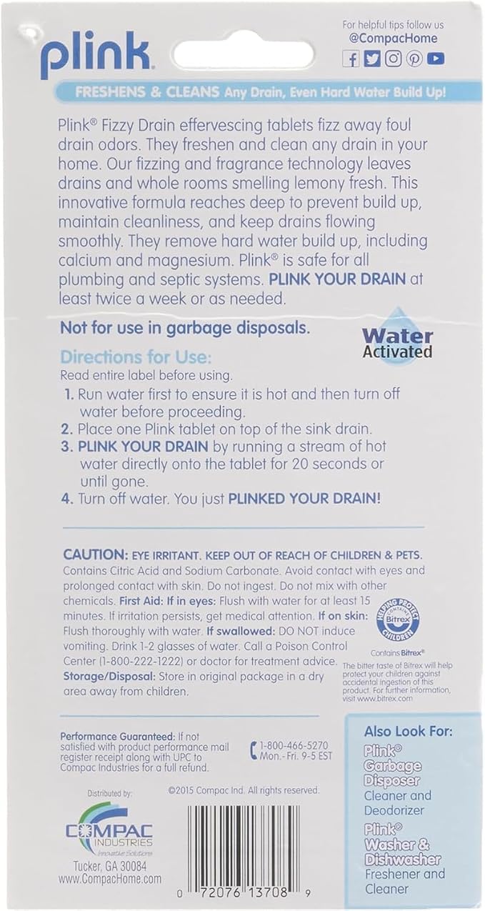 COMPAC HOME Plink Sink Drain Cleaner and Deodorizer, Air Fresheners for Garbage Disposal, Lemon Scented, Home Accessory Cleaning Products for Kitchen and Clogged Drain, 6 Tablets (Pack of 1)
