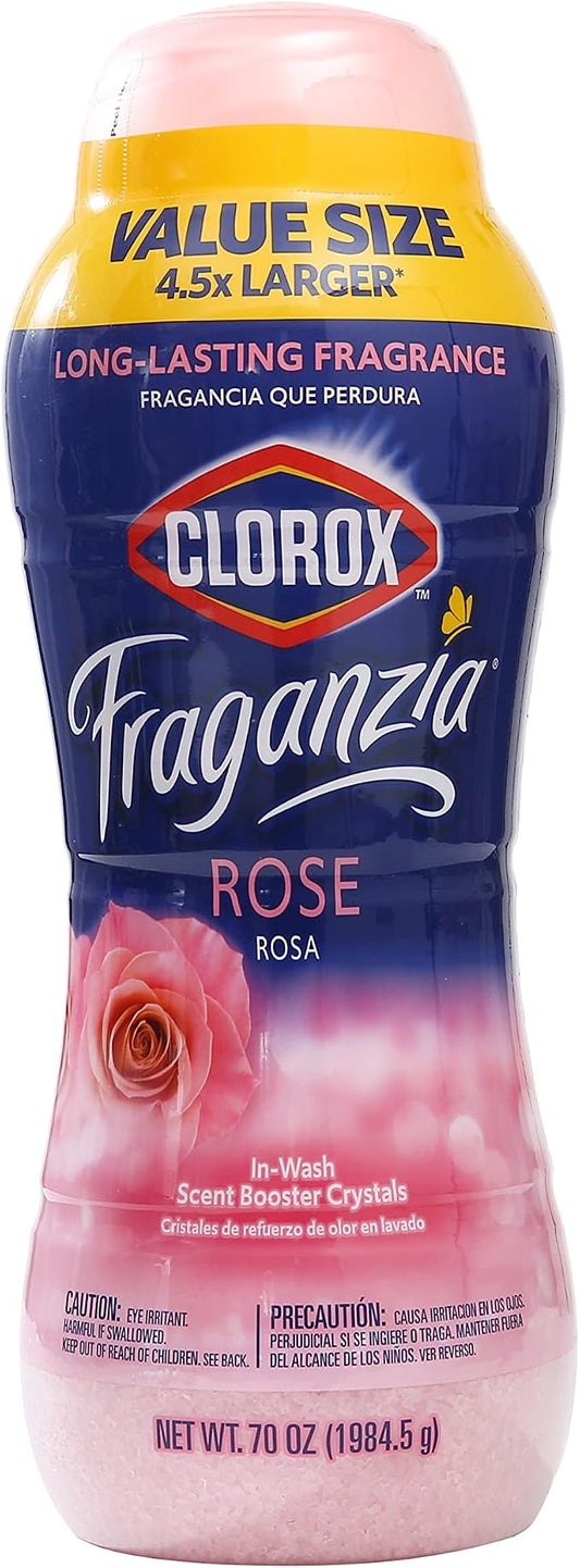Clorox Fraganzia Laundry Scent Booster Crystals, In-Wash Fragrance Beads for Fresh-Smelling Clothes & Linens, Safe for All Fabrics & Colors, Easy-Pour Bottle, Rose Scent, 70 Oz
