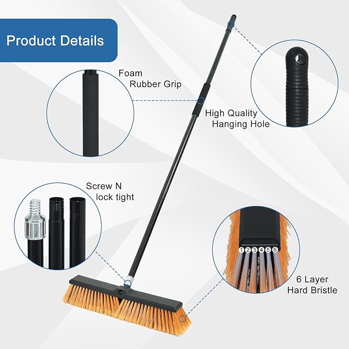 PBHEPJ 18 Inchs Push Broom Outdoor Heavy Duty, Shop Broom with 60" Long Handle for Cleaning Outdoor or Indoor Tile, Garage, Shop, Deck, Concrete, Wood, Stone, Patio Floor, 2 Pack