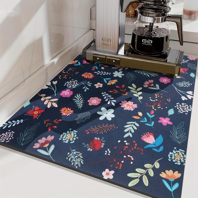 LOKHOM Dish Drying Mat for Kitchen Counter, 18"x24" Absorbent Coffee Bar Mat with Colorful Floral, Vintage Dish Drainer Rack Mat