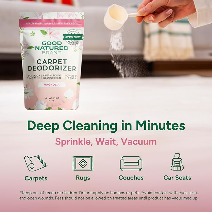 Good Natured Brand | Carpet Freshener & Deodorizer Powder | 31 oz Pet Odor Eliminator for Strong Odor & Pet Urine | Fresh Natural Magnolia Scent | Safe for Homes with Pets