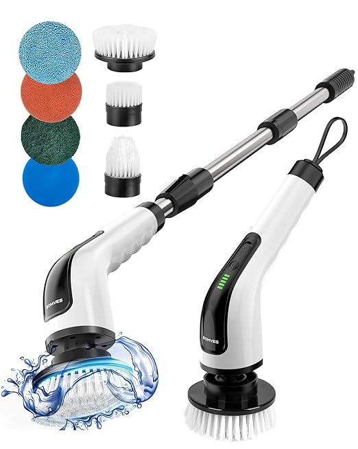Electric Spin Scrubber, Power Shower Cleaning Brush with Long Handle | Cordless Cleaning Scrubber, 7 Replaceable Brush Heads, 90Mins Work Time, 3 Adjustable Size, 2 Speeds for Bathroom Cleaner