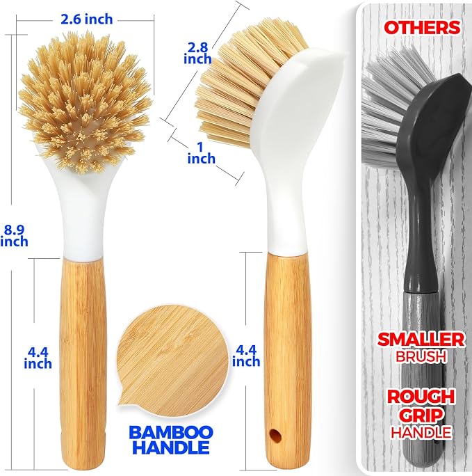 Holikme 3 Pack Dish Brush Set with Bamboo Handle, Kitchen Brushes for Cleaning Pot, Sink and Stove, Skillet Scrubber with Tough Bristles for Cast Iron Grill Pan, White Yellow Black