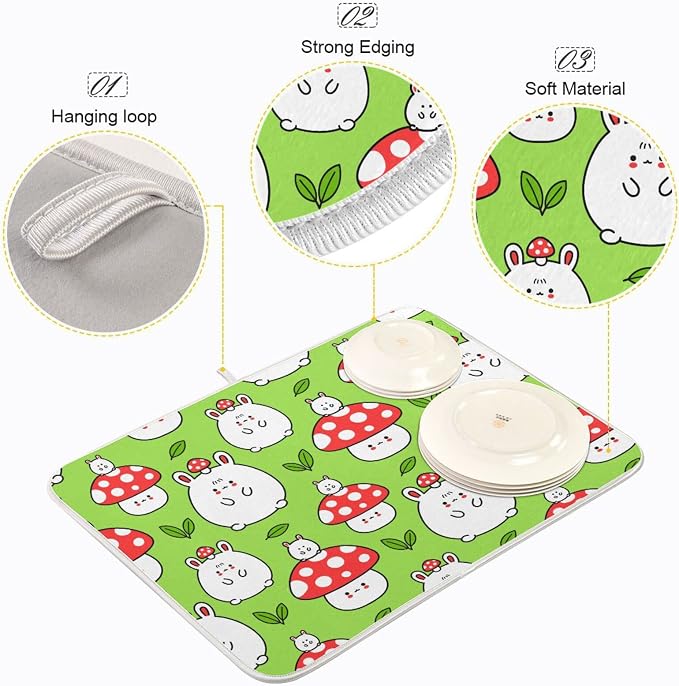 Absorbent Dish Drying Mat for Kitchen Counter - Cartoon Mushroom Rabbit Microfiber Drying Pad, Reversible Drainer Mats for Countertop, Large 18" x 24"