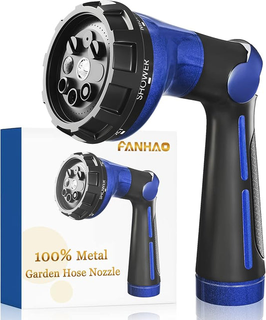 FANHAO Heavy Duty Garden Hose Nozzle, Metal Hose Sprayer Easy Thumb Control | 8 Spray Patterns, Rustproof Water Nozzle, Non-Slip Ergonomic Grip, Elder & Child Friendly for Garden, Car & Pet, Blue