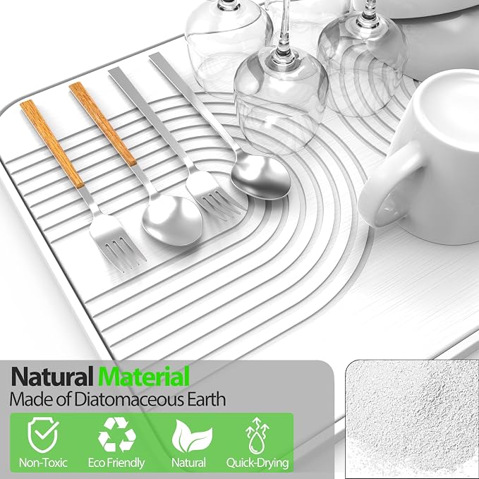 2 PCS Stone Dish Drying Mat ＆ Silicone Mat for Kitchen Counter – Diatomaceous Earth Bath Mat for Bathroom, 16.14"L×12.4"W×2 Quick Dry Mats for Dishes ,Bottles, Cups, Match Any Countertop(White)