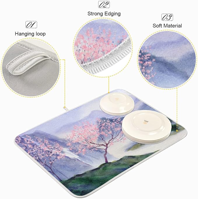 Absorbent Dish Drying Mat for Kitchen Counter - Chinese Painting Colors Microfiber Drying Pad, Reversible Drainer Mats for Countertop, Lager 18 x 24 inch