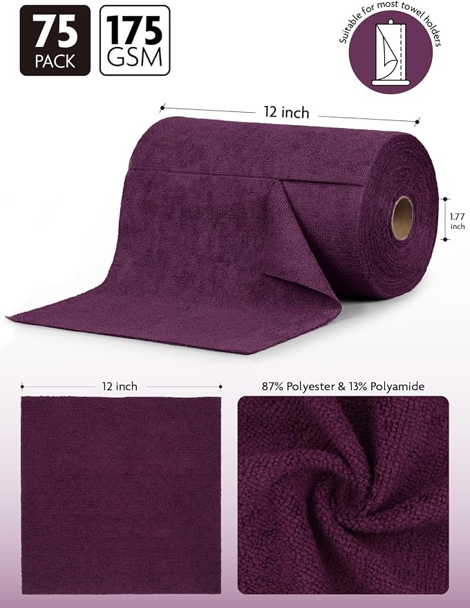 Fantasticlean Microfiber Cleaning Cloth Roll-75 Sheets, 12"x12"(DeepPurple) | Super Absorbent, Lint-free, Tear-away Microfiber Towel Roll, for All-Purpose Cleaning