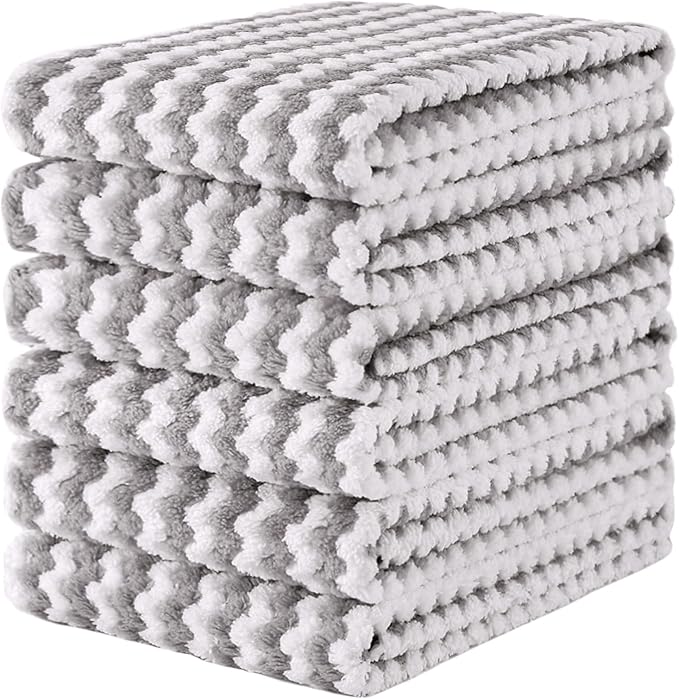 Homaxy Kitchen Towels(6 Pack, 10 x 20 inches), Ultra Soft and Absorbent Dish Towels, Reusable Fast Drying Microfiber Cleaning Cloth, Coral Velvet Wave Design No-lint, Grey