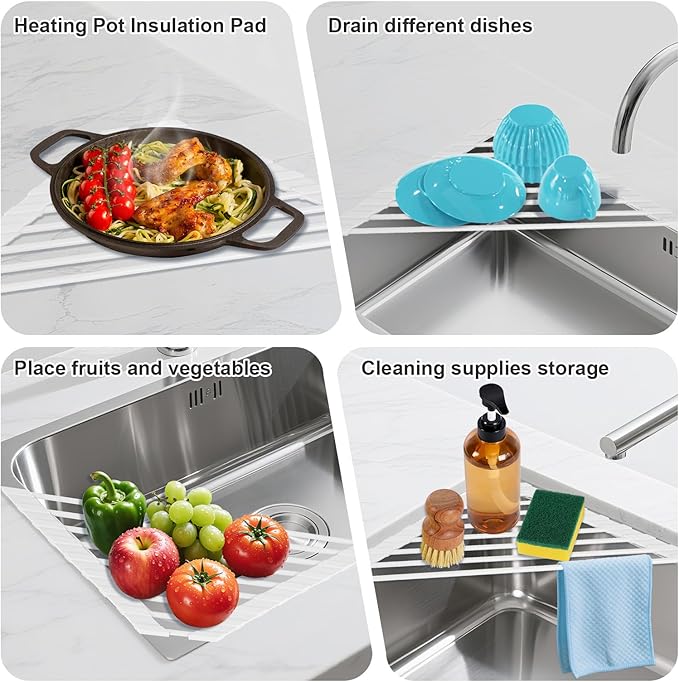 HANZENMA Triangular Sink Rack, Multi-Functional Rack Above the countertop, Foldable Sink Drying mat, Heat-Resistant, Non-Slip, and Rust-Proof Dish Rack (White)