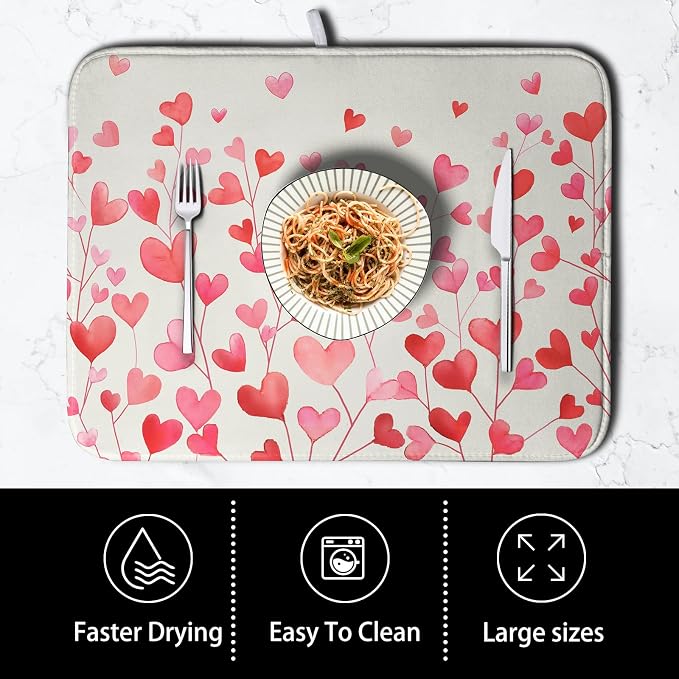 Valentines Pink Love Heart Dish Drying Mat Valentine Day Absorbent Microfiber Dish Drying Pad Heat Resistant Kitchen Counter Draining Mat Extra Large Dish Drainer Rack Mats 16x18 Inch