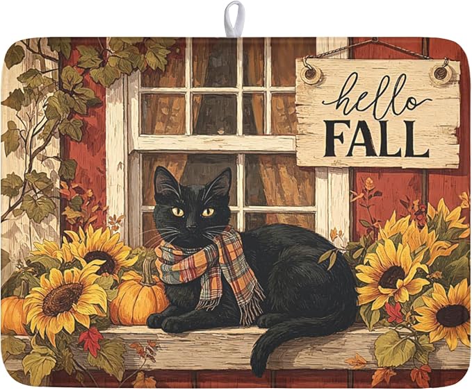 Fall Dish Drying Mat for Kitchen Counter Vintage Autumn Cat Sunflower Pumpkin Microfiber Dish Drainer Mat Rustic Farmhouse Absorbent Washable Drying Pad Extra Large 18"x24"