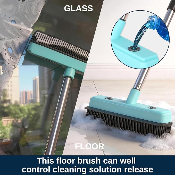 Broom with Dustpan Combo Set,Pet Hair Rubber Broom with Carpet Rake and Squeegee,Long Handle Broom with Upright Standing Dustpan for Indoor Cleaning (Black)