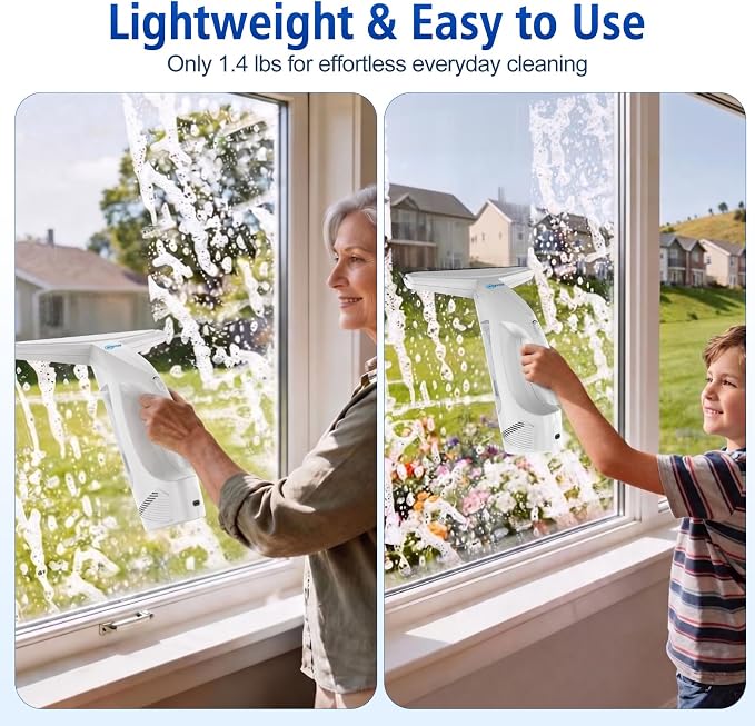 Window Vacuum Squeegee Cordless,Electric Window Cleaner with Extension Pole | Streak-Free Glass Cleaner for Shower Doors,Windows,Mirrors,Tiles,2000Pa Suction,2200mAh Battery,150ml Tank,2 Squeegee Blades.