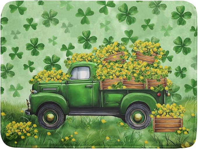 Green Holiday Dish Drying Mat Lucky Clover Truck Drying Mat for Kitchen Counter 18 X 24