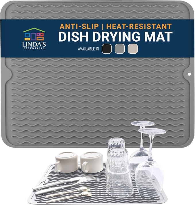 Silicone Dish Drying Mat for Kitchen Counter - Multi-Use 16 x 12 Inch Pad, Non-Slip & Heat-Resistant, Perfect Dish Drainer Mat by Linda’s Essentials, Ideal Kitchen Accessory (Gray)