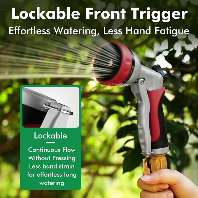 RESTMO Garden Hose Nozzle, Heavy Duty Metal Water Hose Nozzle with 7 Adjustable Spray Patterns, High Pressure Hand Sprayer with Flow Control, Best for Watering Plants & Lawns, Washing Cars & Pets, Red