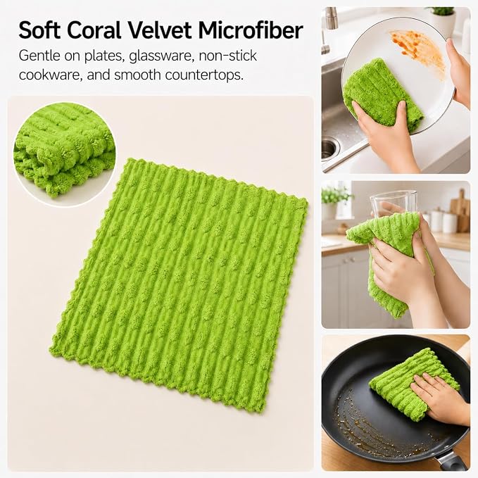 kimteny Microfiber Dish Cloths for Kitchen, 8 Pack 12 x 12 Inch Coral Velvet Kitchen Cleaning Cloths, Absorbent Reusable Non-Scratch Dish Rags for Dishes, Countertops & Sink