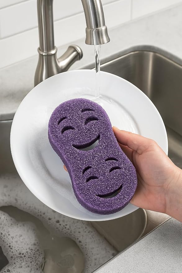 Smilyeez Double-Size Scrub Moji Sponge 2-Pack – Dual Smiling Faces, Temperature-Responsive Scrubber – Scratch-Free, Odor & Stain Resistant – Yellow