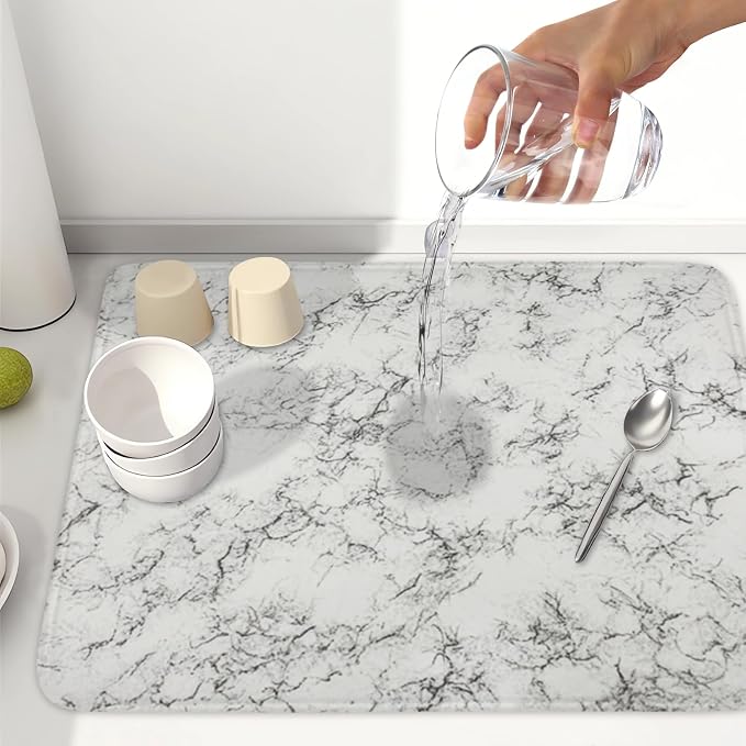 White Grey Marble Dish Drying Mat for Kitchen Counter Modern Marble Pattern Microfiber Dish Drainer Mat Absorbent Washable Drying Pad Extra Large 18"x24"