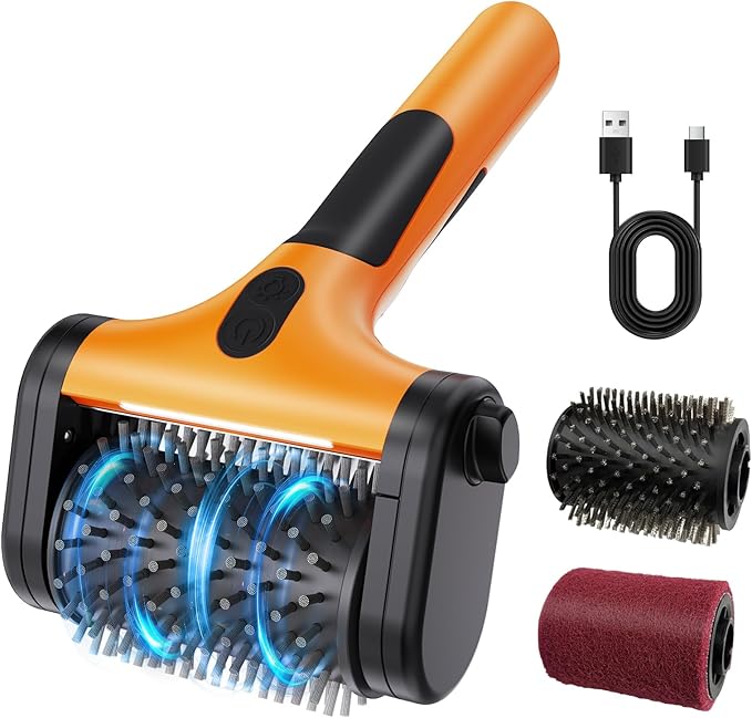 Electric Grill Brush – 2600mAh Rechargeable Outdoor Grill Cleaner, 2-Speed Adjustable (Up to 1000 RPM), 2 Replacement Heads, with LED Light, for BBQ Grates/Camping Stoves (Orange)