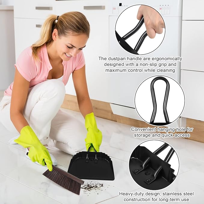 Heavy-Duty Metal Dust Pan-10”Wide Handheld Angled Dustpan with Grip Handle | Stainless Steel Dust Pan with Handle,Precision Edge for Small Debris,Black Hanging Dustpan for Home,Fireplace Ash,Wood Stove