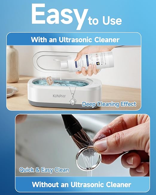 KUNPHY Ultrasonic Jewelry Cleaner Solution for Gold, Silver, Platinum 1.7 oz | Concentrated; for All Ultrasonic Machines; Removes Residue & Grime; Gentle Formula for Non-Porous Stones & Metals