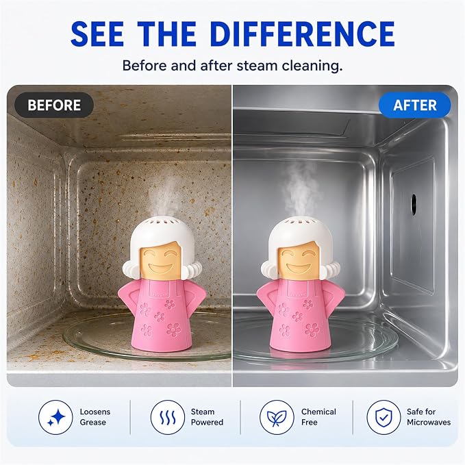 Microwave Steam Cleaner Tool, Fill with Vinegar & Water, Optional Lemon Drops, Heat 5-7 Minutes to Soften Grease & Residue, Non-Toxic Reusable Kitchen Cleaner for Microwaves (Pink)