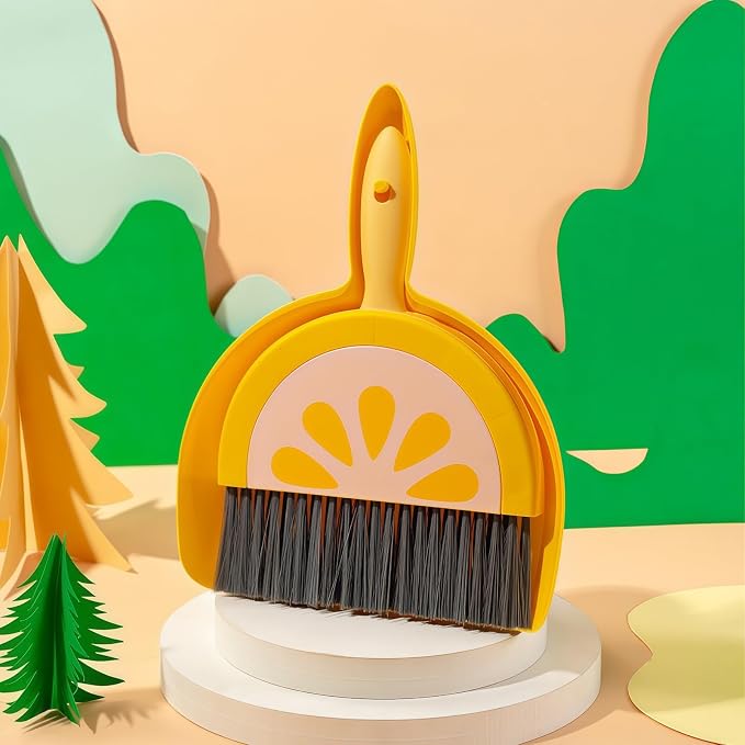 1Pcs Small Broom and Dustpan Set Cute Little Yellow Green Hand Mini Broom and Dustpan Set for Home Sofas Kitchen Countertops Storage Shelves Bathrooms Pet Areas