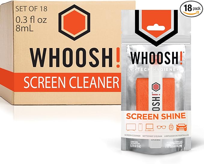 WHOOSH! Screen Shine Pocket 0.3 fl oz [Set of 18] Powerful Computer Screen Cleaner for Car, Laptop, Phone & Eyeglasses – Streak-Free Spray and Wipe, Sleek Leak-Free Bottle with Microfiber Cloth