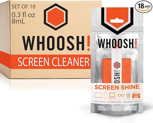 WHOOSH! Screen Shine Pocket 0.3 fl oz [Set of 18] Powerful Computer Screen Cleaner for Car, Laptop, Phone & Eyeglasses – Streak-Free Spray and Wipe, Sleek Leak-Free Bottle with Microfiber Cloth