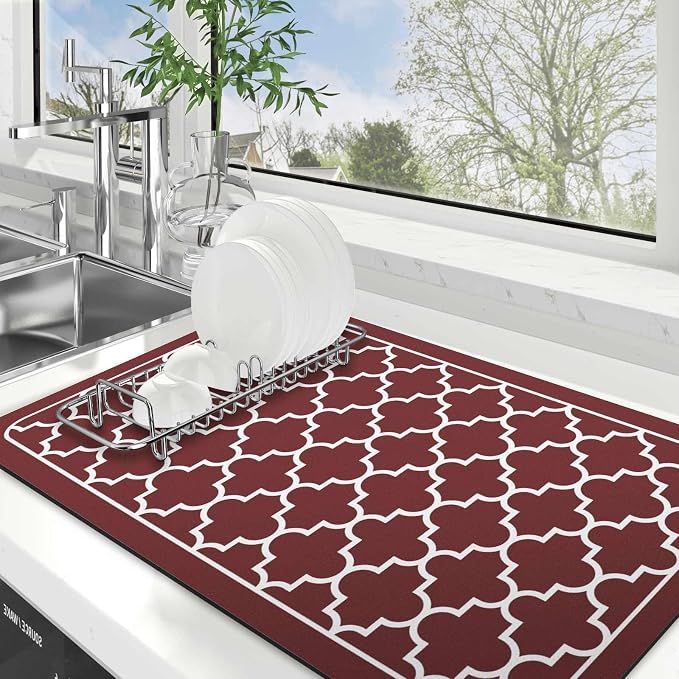 WISELIFE Dish Drying Mat Super Absorbent Drying Mat Large Dish Drying Mats for Kitchen Counter Easy Clean Dish Mat Kitchen Drying Mat18"x 28" Stylish Red