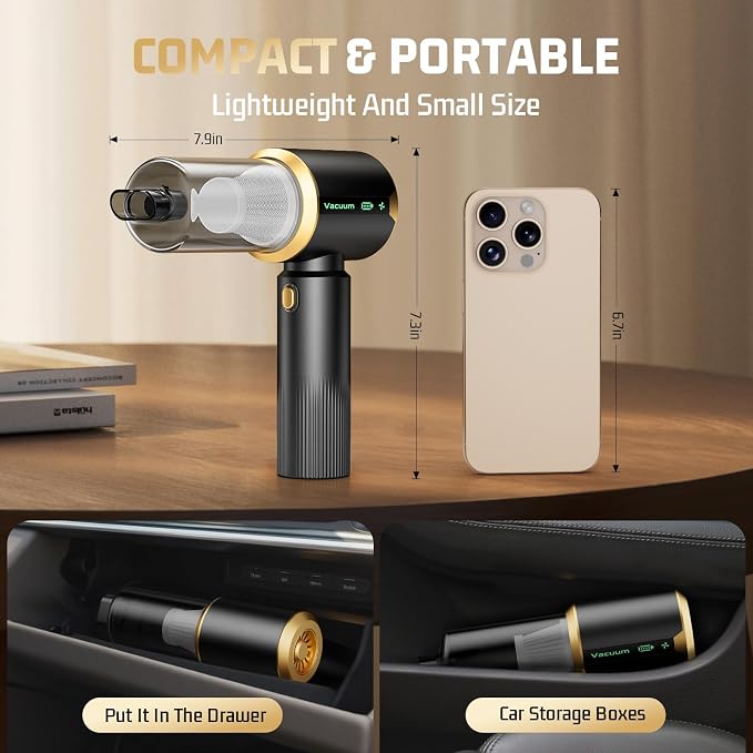 Cordless Car Vacuum Cleaner: Handheld Vacuum with 16000Pa Strong Suction, 𝐁𝐫𝐮𝐬𝐡𝐥𝐞𝐬𝐬 𝐌𝐨𝐭𝐨𝐫 & HEPA Filter, 7-in-1 Cleaning Kit, Type-C Charging for Home Office Car - Black | Handheld Vacuum Cleaner with Brushless Motor - LED Battery Display...