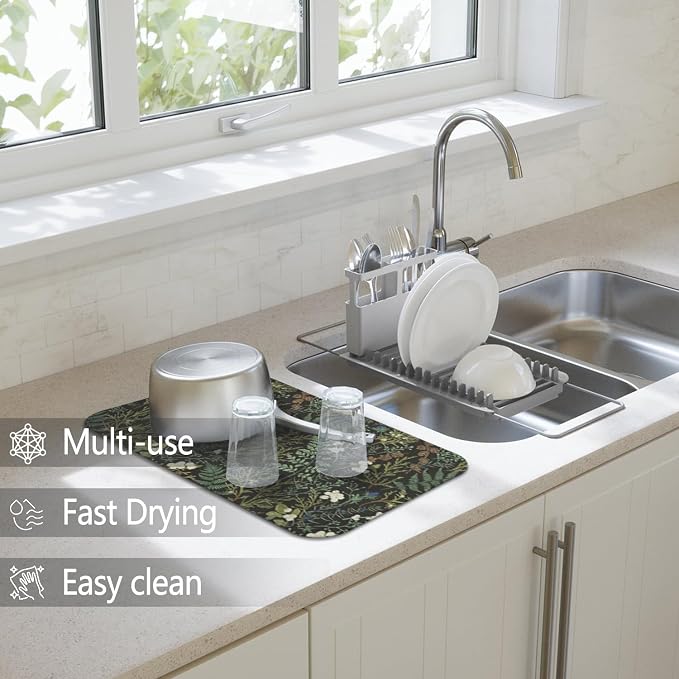 Dish Drying Mat 2-Pack with Botanical for Kitchen Counter Absorbent Dishes | Diatom Mud Mats (18x24, 19.5x12"). Non-slip rubber back for kitchen counter, coffee bar & sink scenes