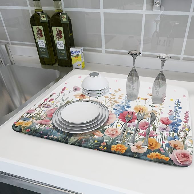 Colorful Flower Dish Drying Mat 18x24 Inch Botanical Floral Drainer Rack Mats Washable Absorbent Dish Dry Pad for Kitchen Counter Sink