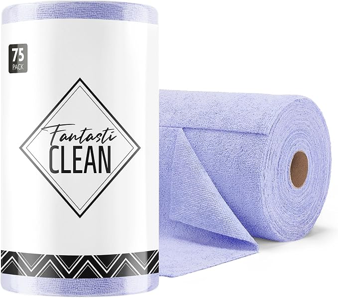 Fantasticlean Microfiber Cleaning Cloth Roll- 75 Sheets, 12"x12" (Lavender) | Super Absorbent, Lint-free, Tear-away Microfiber Towel Roll, for All-Purpose Cleaning, Reusable Alternative to Paper Towels