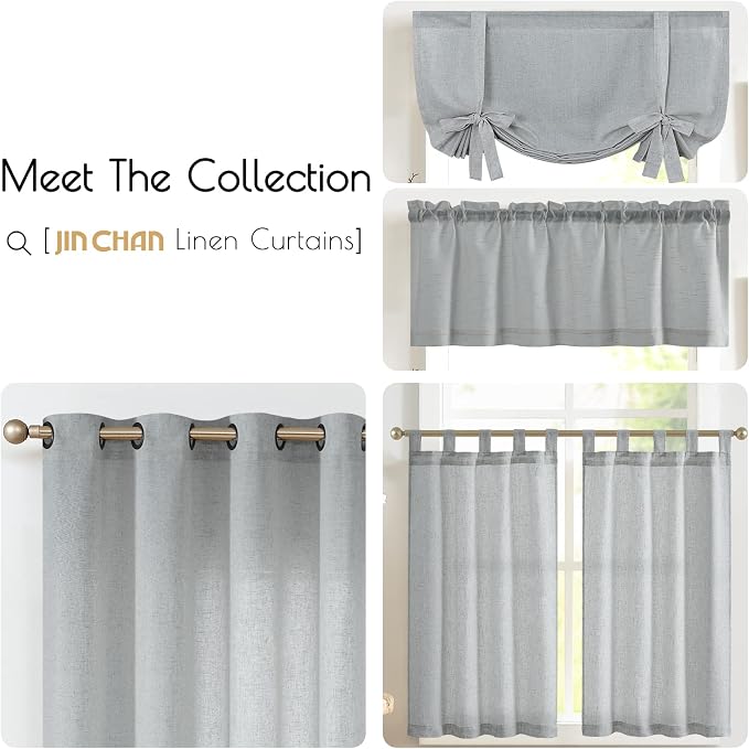 jinchan Lien Tier Curtains and Valances, 26x24, 3 Panels, Grey | Light filtering, rod pocket, cafe curtains, farmhouse, machine washable, small window decor, kitchen, laundry room, RV