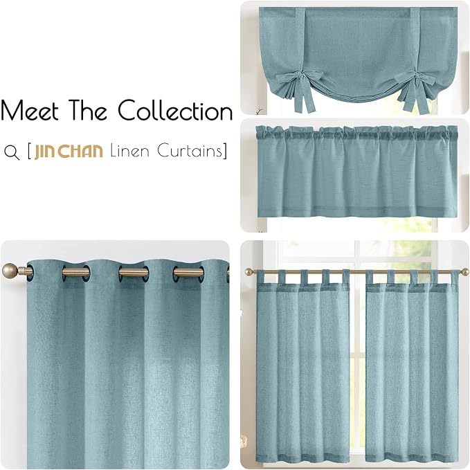 jinchan Kitchen Curtains and Valances Set 3 Pieces Linen Tiers and Valance 24 Inch Cafe Curtains with Valance Rod Pocket Farmhouse Small Drapes Set Rustic Country for Laundry Room Bathroom Blue | Light filtering, rod pocket, cafe curtains, farmhouse, m...
