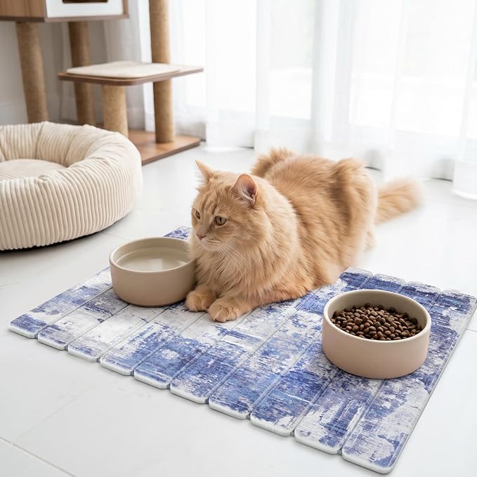 Findosom Large Stone Dish Drying Mat for Kitchen Counter, 23.6" × 15.3" Foldable Non-Slip Stone Drying Mat with Abstract Pattern, Heat Resistant Diatomaceous Earth Mat for Bath, Dishes, Cups, Blue
