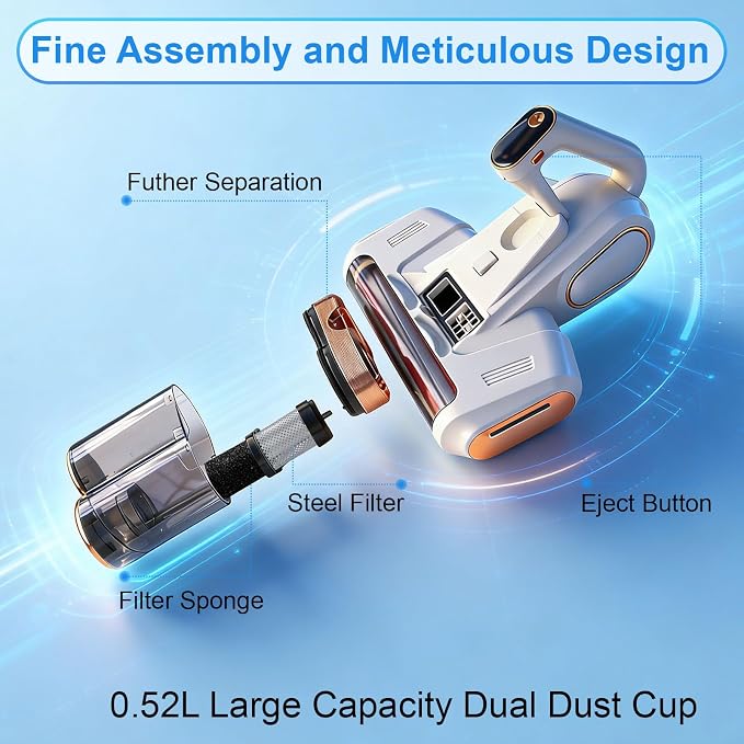 Cordless Mattress Vacuum Cleaner with UV-C, Dust Removal for Beds, Sofa | Deep Cleaning Technology for Carpets,Beds, Sofa Pet Hair and Household Dust, Handheld sofa Vacuum Cleaner for Home Use