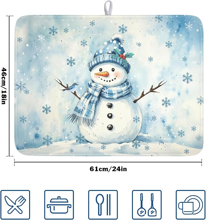 Winter Snowman Dish Drying Mat for Kitchen Counter 18x24 Inch | Blue Christmas Snowflake Snow Scene Dish Drainer Mat Rustic Seasonal Holiday Absorbent Washable Drying Pad