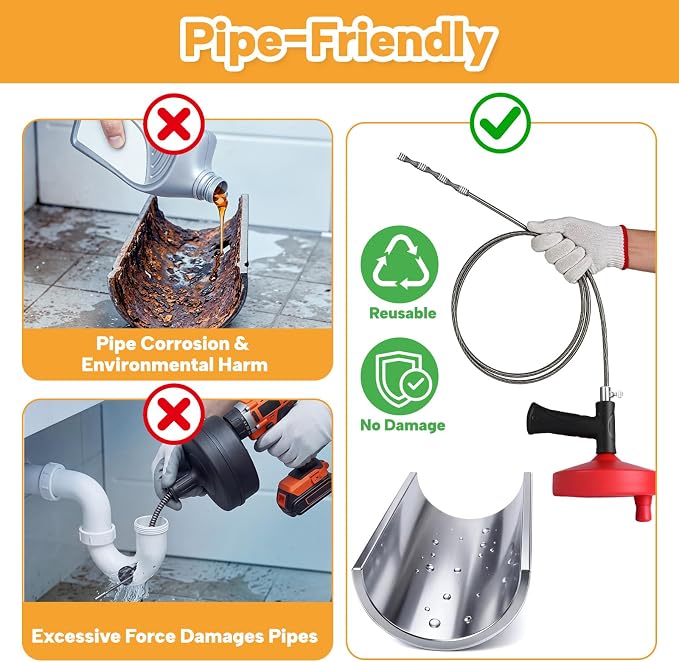 Drain Auger 33 ft, Plumbing Snake Hair Clog Remover Drain Snake Flexible Grabber Heavy Duty Sink Cleaner Tools for Shower Bathtub Bathroom Kitchen Pipe, Red