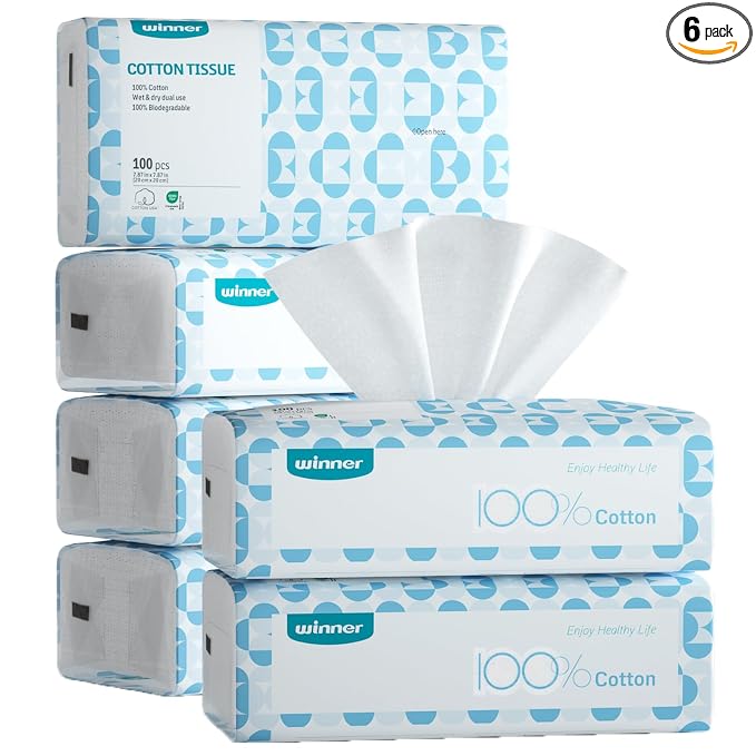 Winner Soft Face Towels, 100% USDA Biobased Facial Towels, Unscented Cotton Tissues for Sensitive Skin, OEKO-TEX Certified Face Towelettes Disposable, Makeup Remover Dry Wipes, 600 Count, Pack of 6