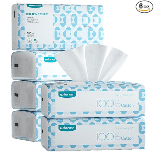 Winner Soft Face Towels, 100% USDA Biobased Facial Towels, Unscented Cotton Tissues for Sensitive Skin, OEKO-TEX Certified Face Towelettes Disposable, Makeup Remover Dry Wipes, 600 Count, Pack of 6