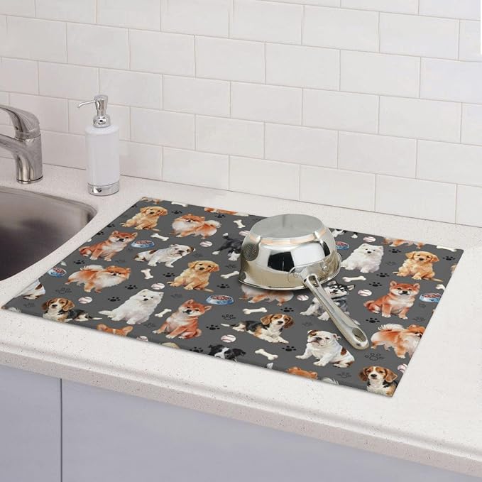 Cute Puppy Dog Dish Drying Mat for Kitchen Counter Cute Kitchen Dish Mat Microfiber Kitchen Countertop Absorbent Reversible Drainer Rack Pad