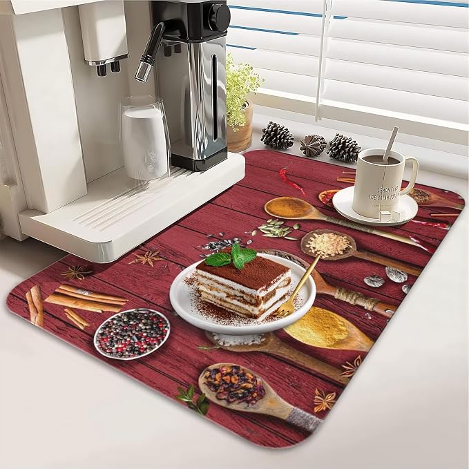 Dish Drying Mat 2-Pack in Kitchen Spices for Kitchen Counter Dishes Mat | Diatom Mud Mats (18x24, 19.5x12"). Non-slip rubber back for kitchen counter, coffee bar & sink scenes