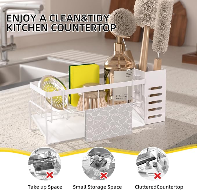 Kitchen Sink Caddy Organizer,Stainless Steel Sponge Holder with Dish Brush Holder,Soap Caddy for Countertop,Kitchen Sink Organizer Countertop Sink Accessories,Cleaning Caddy