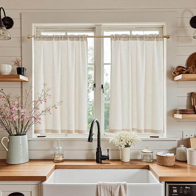 jinchan Beige Rustic Linen Rod Pocket Kitchen Curtains, 26x36, 2 Panels | Light filtering, cafe curtains, machine washable, farmhouse, kitchen, bathrooms, laundry, small window, over sink