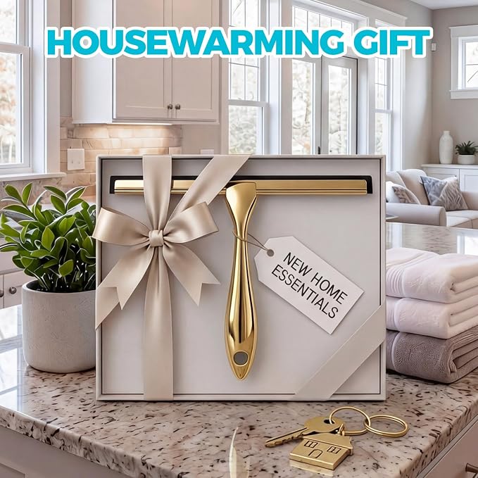 ALFLOD 2pcs Shower Squeegee for Glass Doors with Adhesive Hanging Hook Set | 10” gold, bathroom accessories, window cleaner, new home essentials, soft rubber blade, metal handle, ergonomic grip
